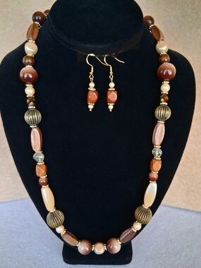 Brown and Gold Beaded Necklace and Pierced Earring Set - Women Jewelry Necklaces